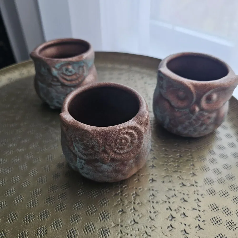 Upcycled Ceramic Owl Trio Rustic Copper Patina Finish Versatile Fall/Halloween